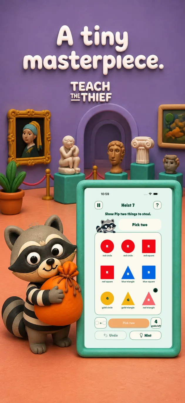 Pip in a colorful clay museum beside an actual Teach the Thief puzzle screen